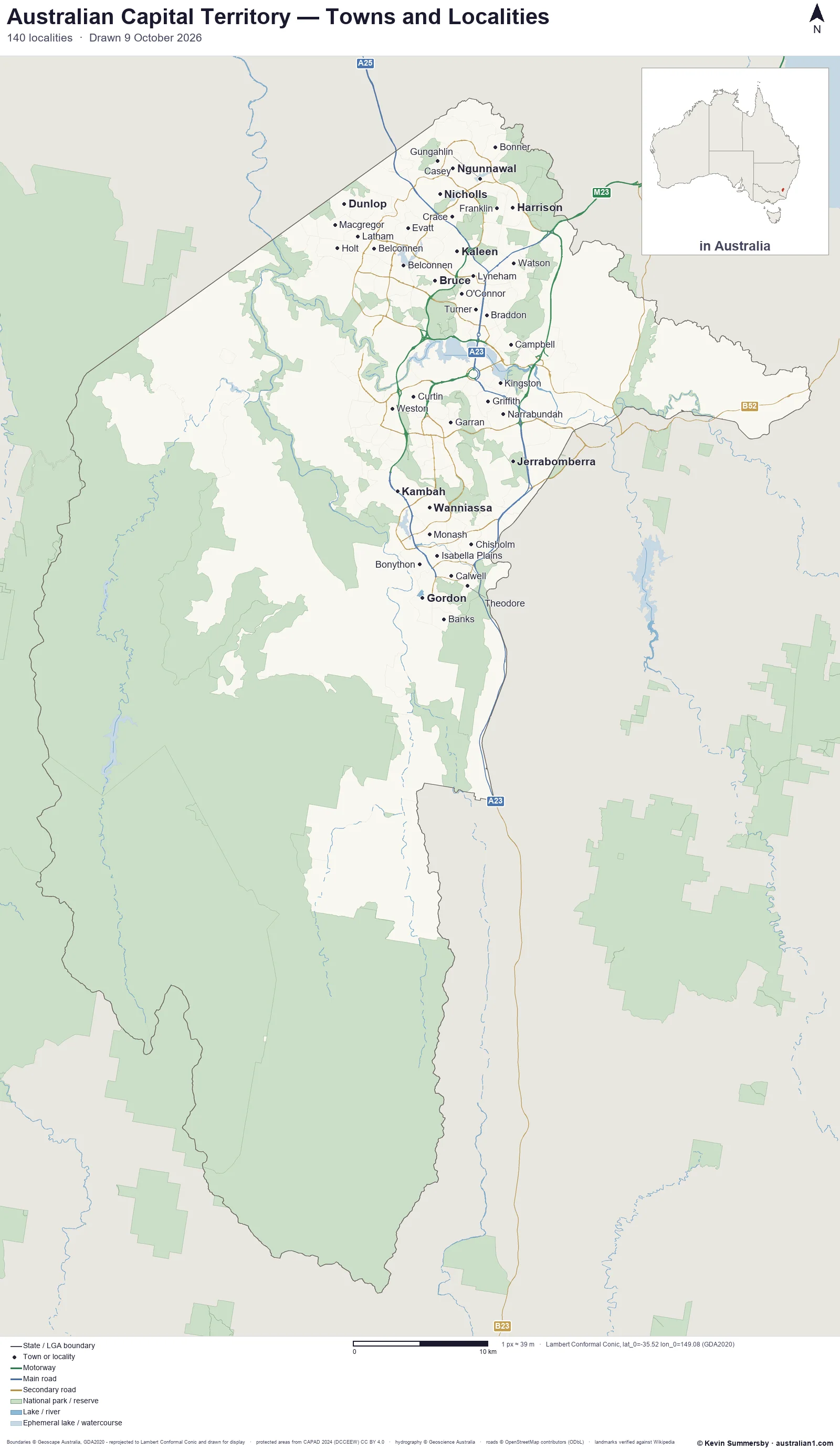 Map of Australian Capital Territory, Australia showing cities, towns and localities, motorways and main roads with their route numbers, local government area boundaries, and national parks and reserves
