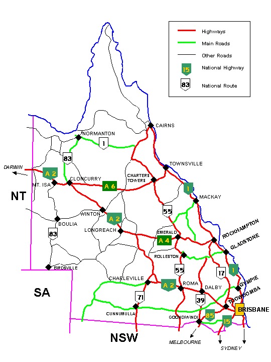 A road map of the State of Queensland, Australia