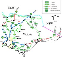 Eastern Victoria Australia cities towns settlements road network map