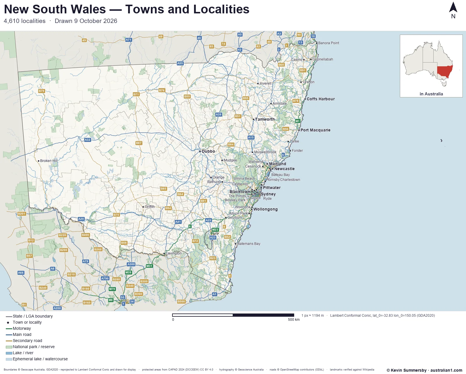 Map of New South Wales, Australia showing cities, towns and localities, motorways and main roads with their route numbers, local government area boundaries, and national parks and reserves