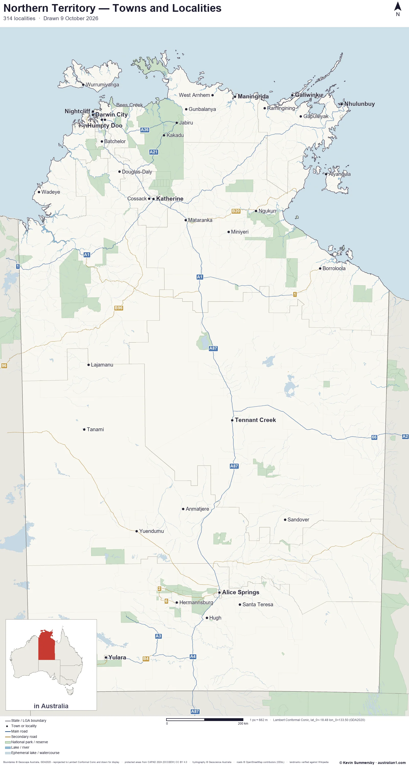 Map of Northern Territory, Australia showing cities, towns and localities, motorways and main roads with their route numbers, local government area boundaries, and national parks and reserves