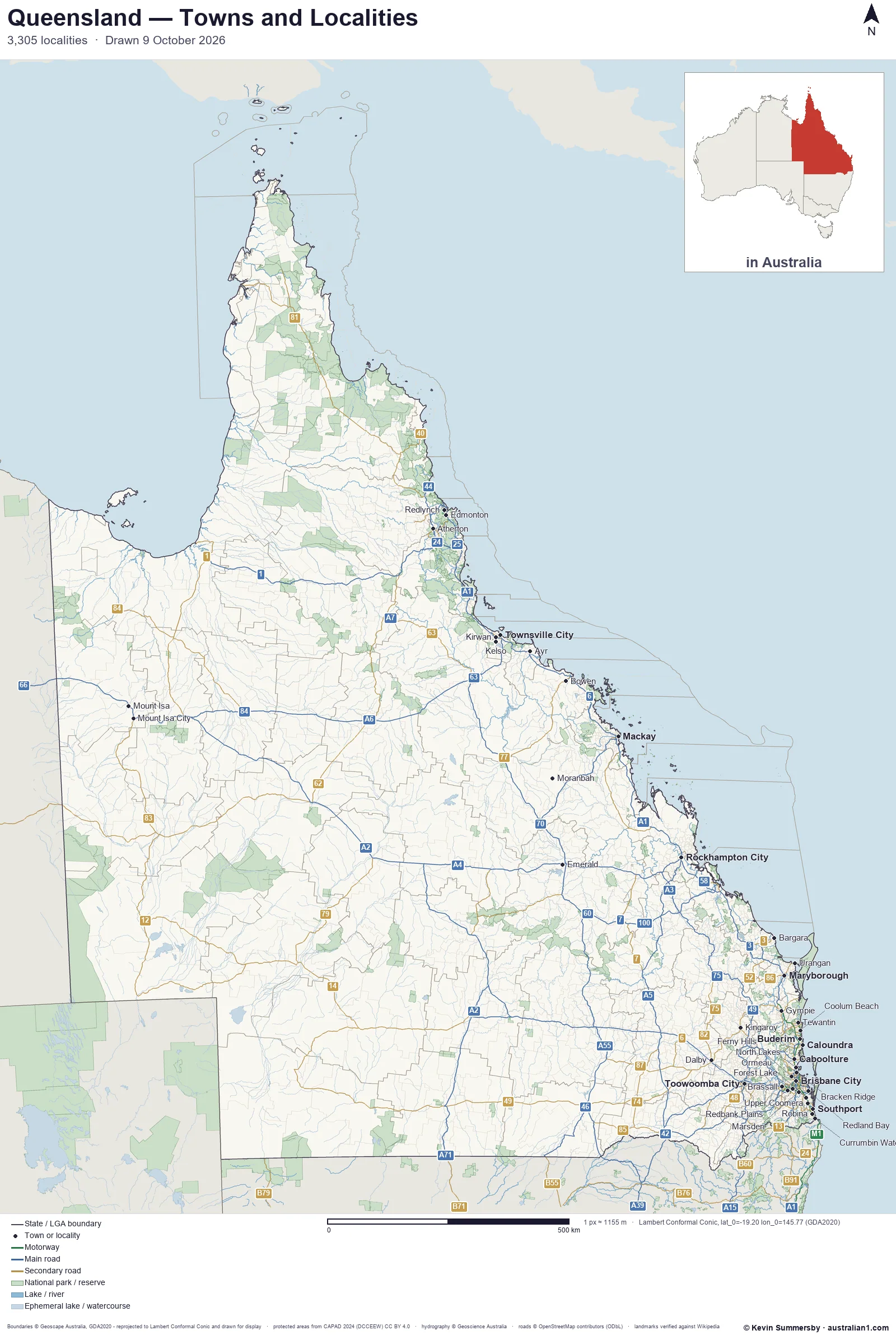 Map of Queensland, Australia showing cities, towns and localities, motorways and main roads with their route numbers, local government area boundaries, and national parks and reserves