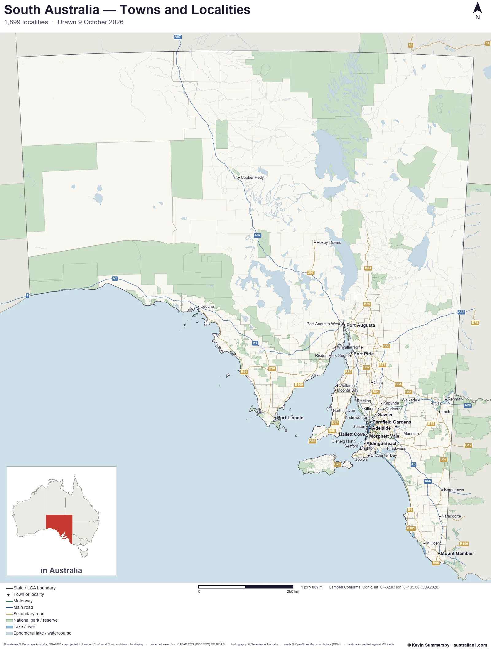 Map of South Australia, Australia showing cities, towns and localities, motorways and main roads with their route numbers, local government area boundaries, and national parks and reserves