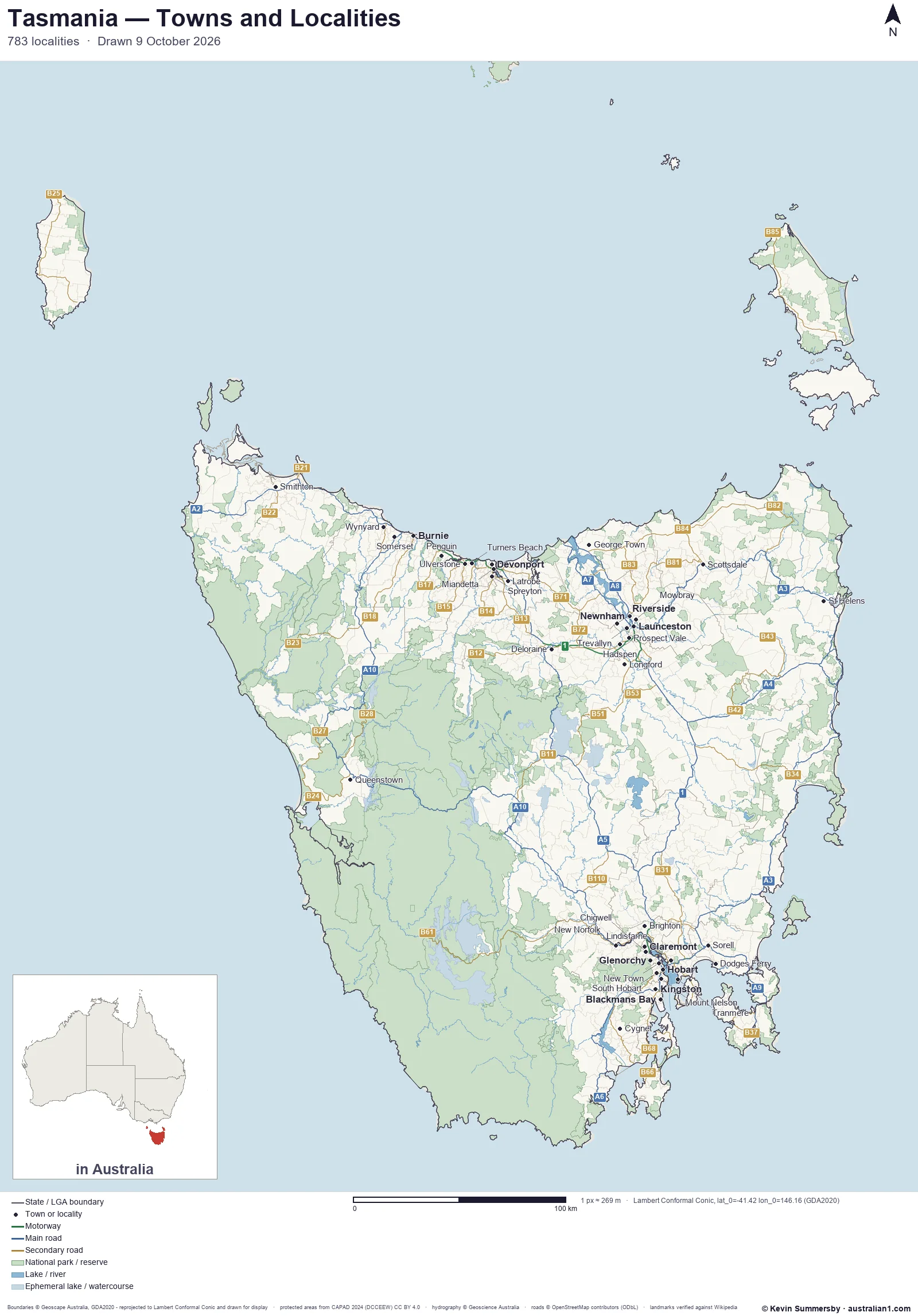 Map of Tasmania, Australia showing cities, towns and localities, motorways and main roads with their route numbers, local government area boundaries, and national parks and reserves