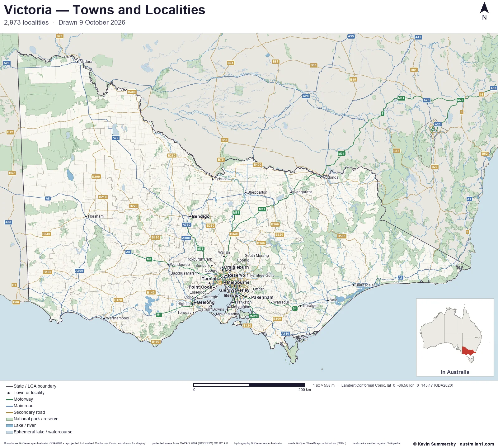 Map of Victoria, Australia showing cities, towns and localities, motorways and main roads with their route numbers, local government area boundaries, and national parks and reserves