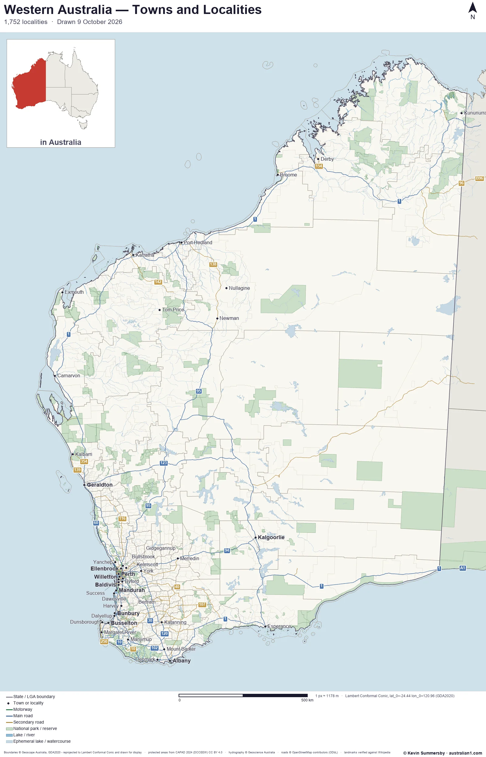 Map of Western Australia, Australia showing cities, towns and localities, motorways and main roads with their route numbers, local government area boundaries, and national parks and reserves
