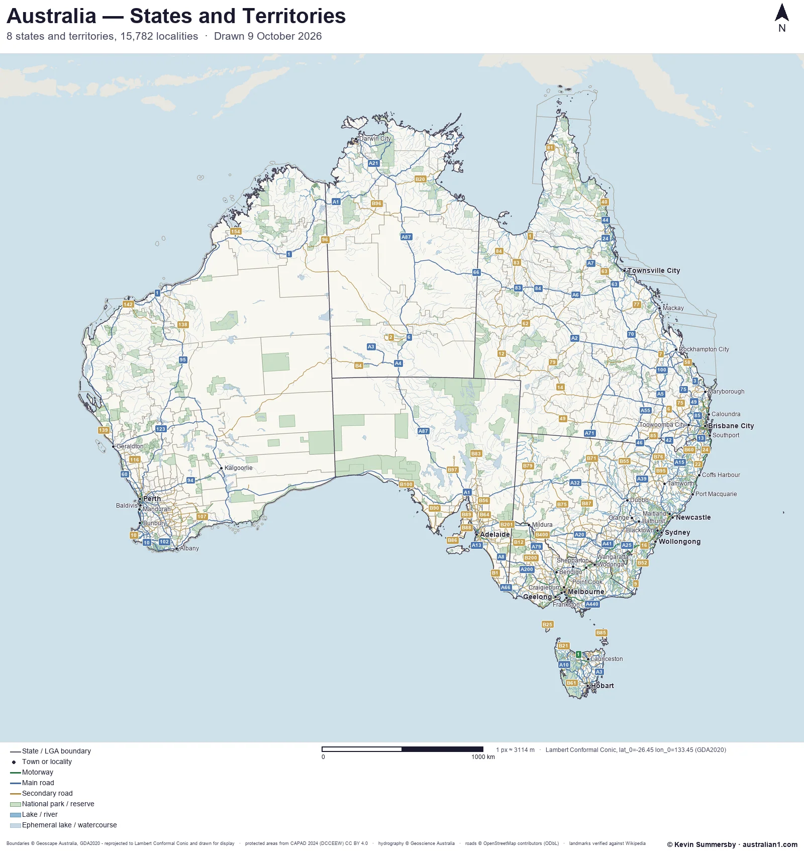 Map of Australia showing the states and territories, their capitals and major towns, motorways and main roads with their route numbers, and national parks and reserves