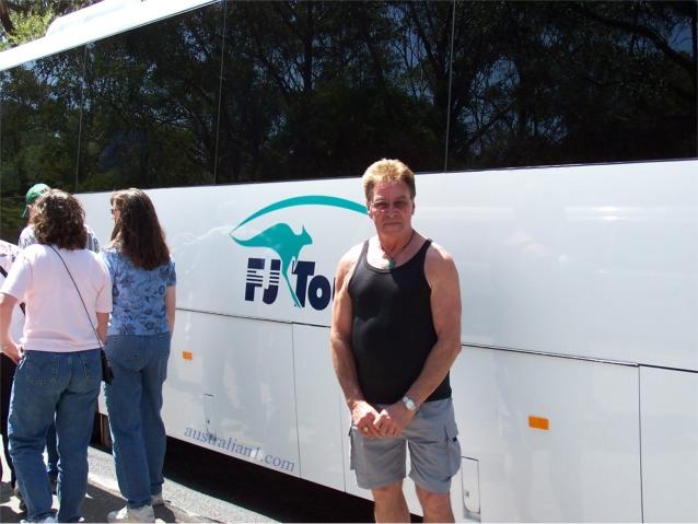 Reginald Summersby in front of FJ Tours Coach - Blue Mountains National Park