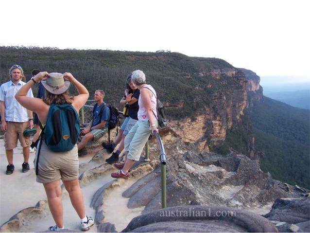 Tour party on viewing platform in the Blue Mountains in Australia
